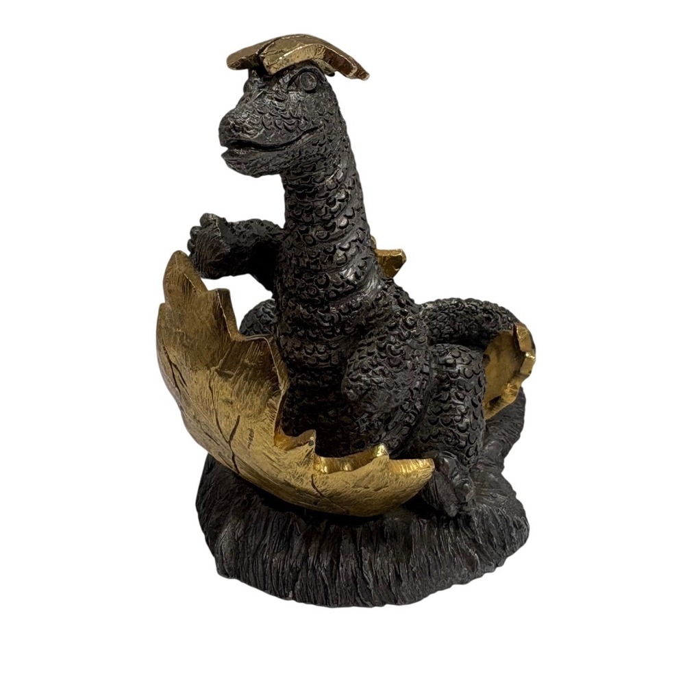 Michael Ricker Pewter Baby Dinosaur Hatching Golden Egg Sculpture 1991 Vintage